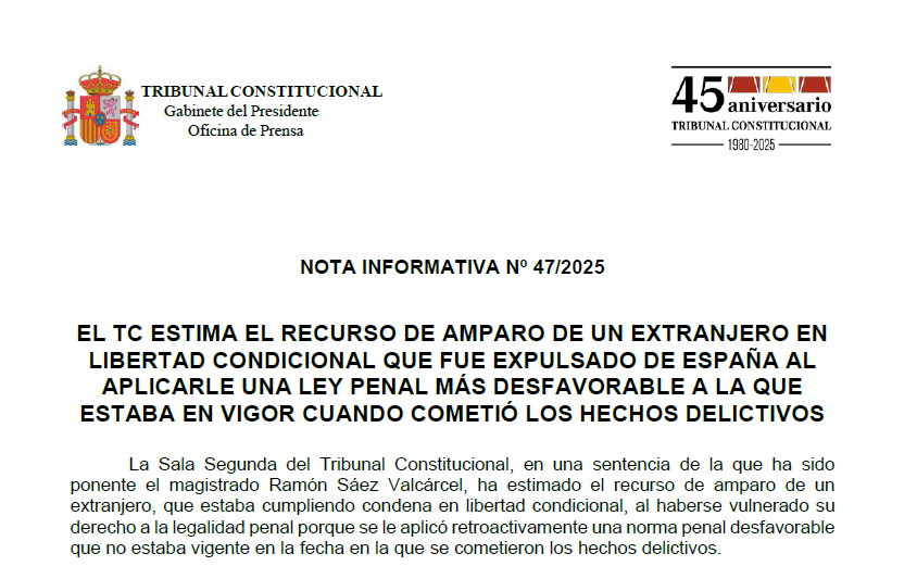 Tribunal Constitucional de España (@tconstitucione) on Twitter photo Nota de prensa | El TC estima el recurso de amparo de un extranjero en libertad condicional que fue expulsado de España al aplicarle una ley penal más desfavorable a la que estaba en vigor cuando cometió los hechos delictivos tribunalconstitucional.es/NotasDePrensaD… Nota de prensa | El TC estima el recurso de amparo de un extranjero en libertad condicional que fue expulsado de España al aplicarle una ley penal más desfavorable a la que estaba en vigor cuando cometió los hechos delictivos tribunalconstitucional.es/NotasDePrensaD…