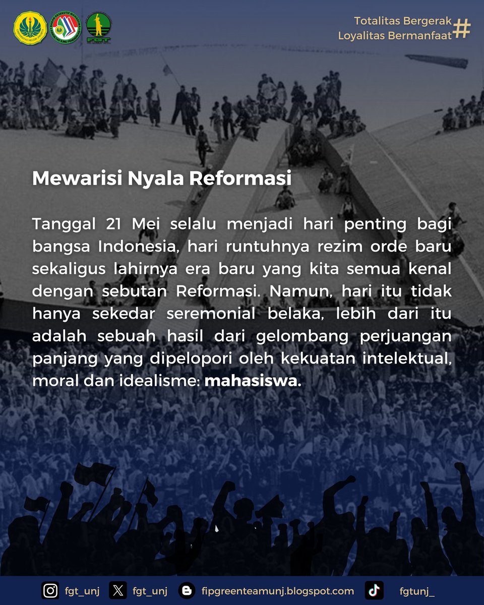 fgt_unj's tweet photo. [SELAMAT HARI REFORMASI NASIOANAL]

Hallo Sobat Juang!!✊🏼✊🏼

Hari Reformasi Nasional bukan cuma sekadar tanggal di kalender, tetapi simbol perjuangan kita untuk kebebasan, keadilan, dan perubahan nyata. https://t.co/AUJUe24q4C