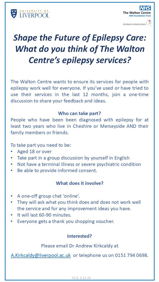 The Walton Centre (@waltoncentre) on Twitter photo Have your say on epilepsy care in Cheshire & Merseyside. Do you live with epilepsy or support someone who does? Researchers at <a href="/LivUni/">University of Liverpool</a> want to hear about your experience with services at The Walton Centre. Everyone who takes part receives a £20 voucher. Full details below Have your say on epilepsy care in Cheshire & Merseyside. Do you live with epilepsy or support someone who does? Researchers at <a href="/LivUni/">University of Liverpool</a> want to hear about your experience with services at The Walton Centre. Everyone who takes part receives a £20 voucher. Full details below