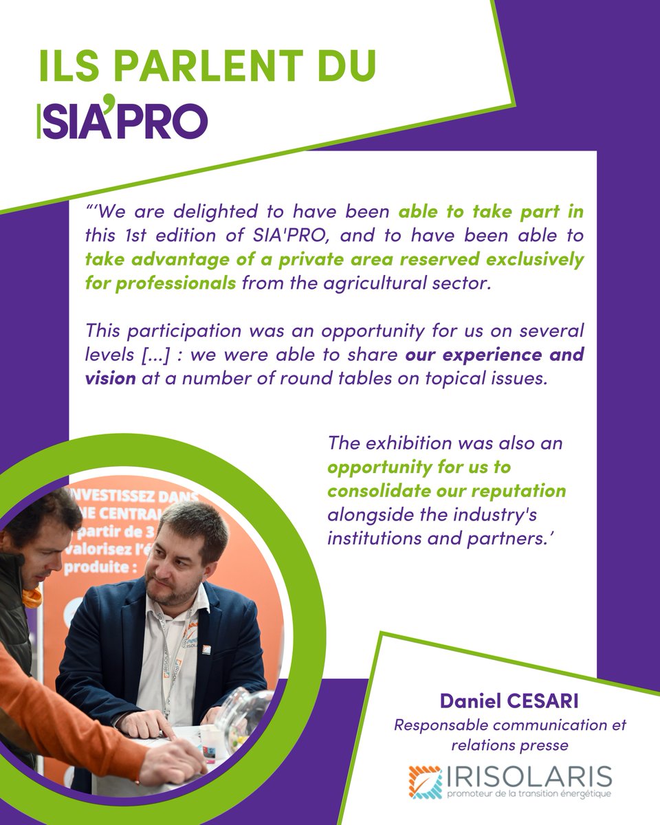 🎤 « Nous sommes heureux d'avoir pu participer à cette 1ʳᵉ édition du SIA'PRO, et satisfaits d'avoir pu bénéficier d'un espace privatisé réservé exclusivement aux professionnels du secteur agricole. » – Daniel Cesari, Irisolaris 🌾

➡️bit.ly/4iRvV1Q