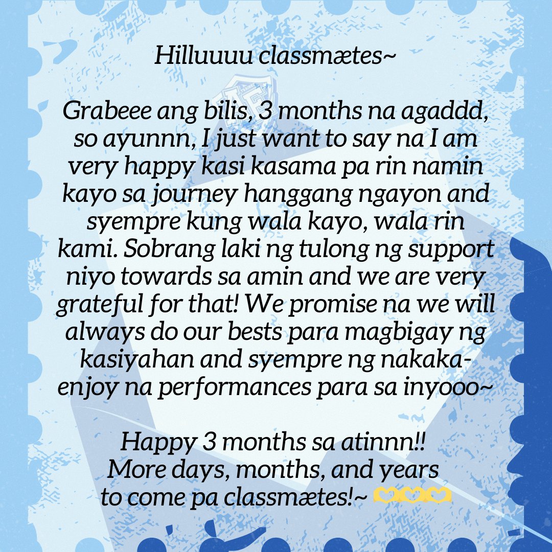 [#TRAINEEAE_KHENT] MÆSSAGE

Hello Classmaetes!

Today, we celebrate not just the 3rd Monthsary of Trainee AE, but also the day our Classmaetes family began.

Through every step, your love and support have been our strength—and now, Trainee AE has a heartfelt message just for you.