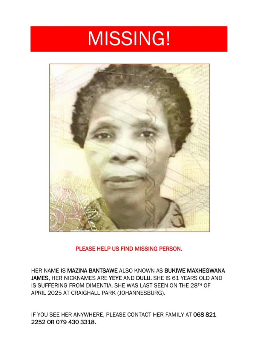 cindzo's tweet photo. My friend is looking for her Aunt  believed to be in JHB area,Please retweet until she is found. cc @tumisole @EFFSouthAfrica https://t.co/Ci9JNoY9zW
