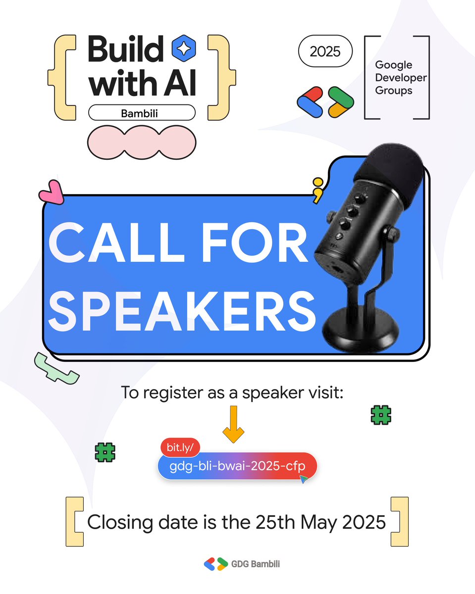 Our #BuildWithAI 2025 Call for Speakers is still OPEN!
Got an AI talk, demo, or workshop idea? We want to hear from you.

Deadline: May 25
Submit here: bit.ly/gdg-bli-bwai-2…

#BuildwithAI2025 #BuildwithAIgdgBambili #GDGBambili