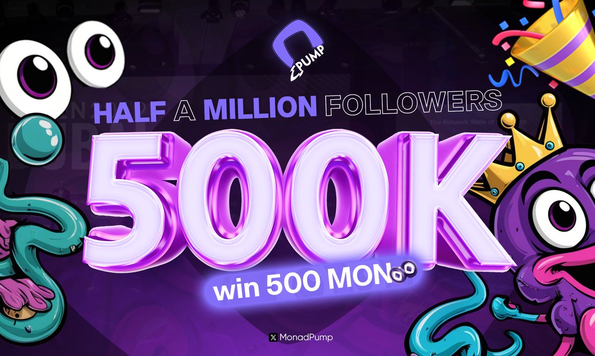🎉500K Vibes. 💜500 MON Up for Grabs 

🚀 We just hit half a million followers, and you already know we gotta celebrate 

🎁 Giveaway 500 $MON to our community. 
Wanna join? Easy peasy: 

✅ Like 🔁 RT 💭 Drop your wallet in the comments 

Let’s pump it together. 💜 
#MONAD