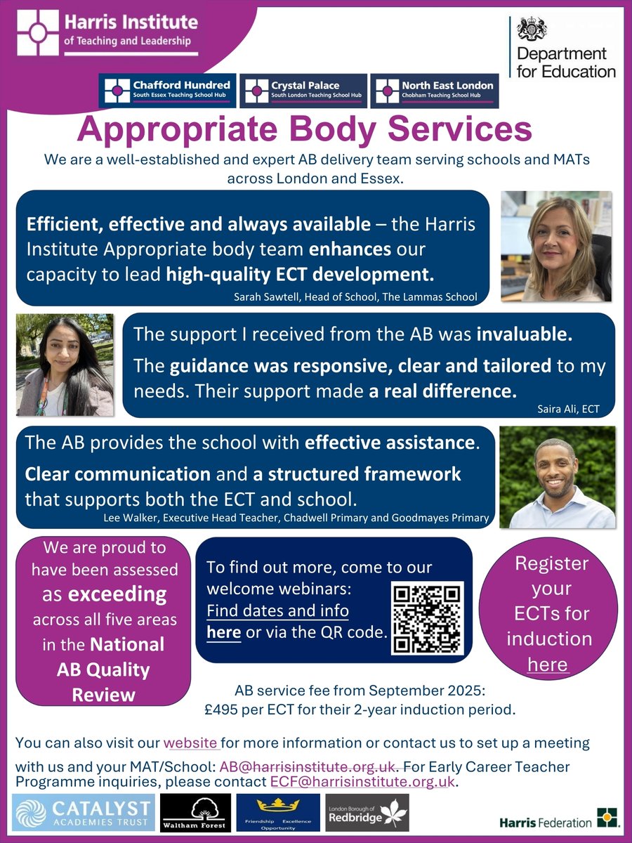 Harrisinst's tweet image. 📢 Headteachers &amp;amp; Induction Tutors: Register your ECTs with confidence.

Our AB team supports 100s of schools across London &amp;amp; Essex with clear comms, expert support &amp;amp; DfE-compliant induction.

📅 Join a Welcome Webinar
📧 AB@harrisinstitute.org.uk

#ECTInduction #HarrisInstitute
