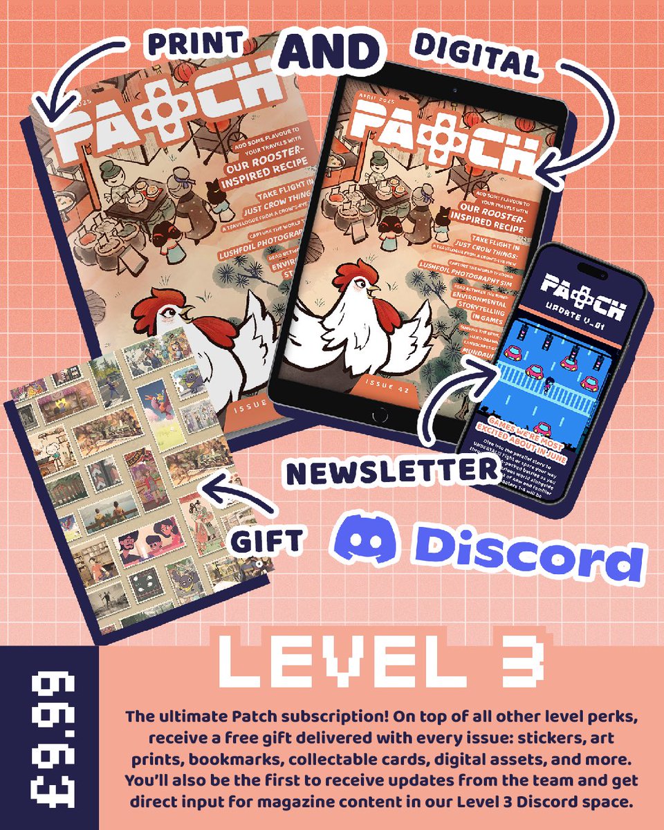 Last month, we announced our new levels! 💌
Level 1 – Print OR digital magazine
Level 2 – Print AND digital magazine + bonus content in our exclusive newsletter
Level 3 – All of the above +  exclusive Discord channel and a free gift with each issue
Head to patchmagazine.co.uk