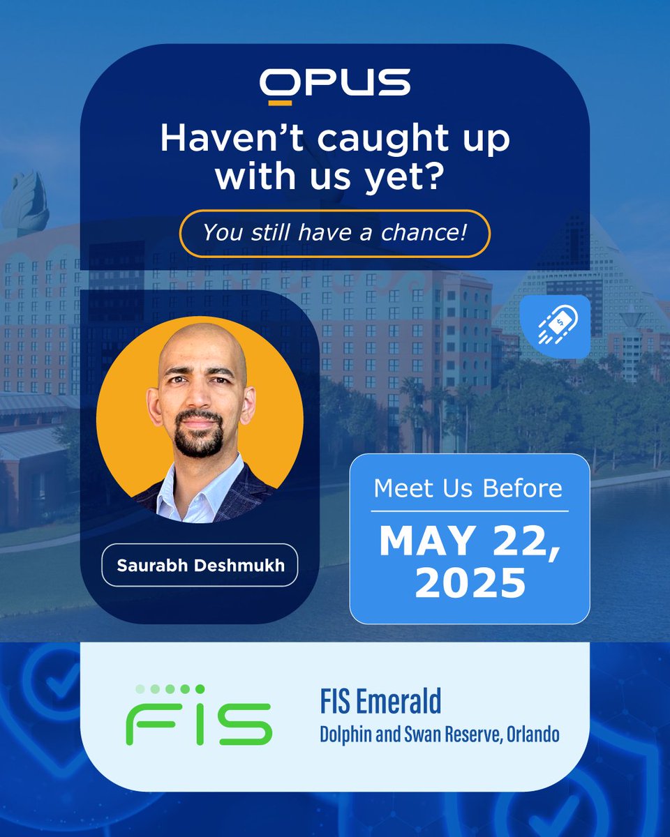 OpusTechGlobal's tweet photo. Orlando is abuzz with fintech ⚡ energy.
Still ⏳Time to Meet the Opus Team at #FISEmerald2025!
Catch Saurabh Deshmukh at
📍Dolphin and Swan Reserve, Orlando | Till May 22, 2025
Talk #FutureofFintech, Build your FI’s #GrowthMomentum
#PaymentTransformation #FintechLeaders https://t.co/KMpQ6D8Lzx