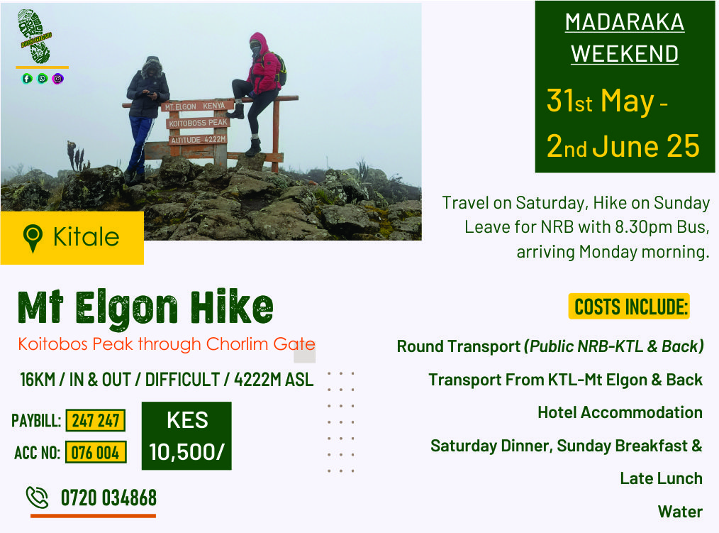 thedustyfellow's tweet image. We are heading to Mt Elgon during the Madaraka weekend.
We'll leave NRB early on 31st, hike on Sunday and travel back to NRB overnight, arriving early Monday.
SEE POSTER ON THE NEXT SLIDE!
JOIN US FOR AN EPIC WEEKEND.