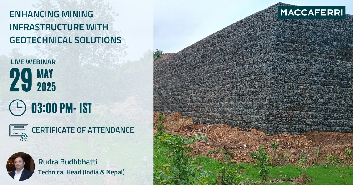 Join us on 29th May 2025 at 3:00 PM - IST for #webinar on “Enhancing Mining Infrastructure with Geotechnical Solutions" by Rudra Budhbhatti, Technical Head (India &amp; Nepal).
Register Now: maccaferri.com/in/webinar/enh…
In case of any issues, contact us at marketing.india@maccaferri.com