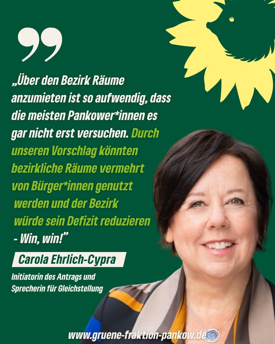 Grüne Fraktion Pankow (@gruenebvvpankow) on Twitter photo Viele Räume im Bezirk können für wenig Geld gemietet werden! Leider ist das Verfahren sehr kompliziert. Wir fordern die Einrichtung einer neuen Online-Plattform nach Vorbild des Sportstättenportals, die das gesamte Raumangebot abbildet und die Anmietung vereinfacht! <a href="/CarolaCypra/">Carola Ehrlich-Cypra</a> Viele Räume im Bezirk können für wenig Geld gemietet werden! Leider ist das Verfahren sehr kompliziert. Wir fordern die Einrichtung einer neuen Online-Plattform nach Vorbild des Sportstättenportals, die das gesamte Raumangebot abbildet und die Anmietung vereinfacht! <a href="/CarolaCypra/">Carola Ehrlich-Cypra</a>