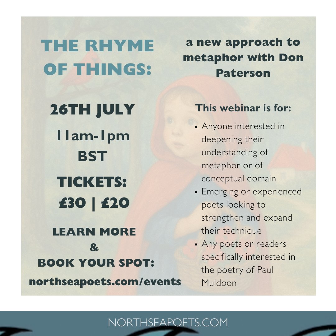 North Sea Poets (@northseapoets) on Twitter photo New webinar on northseapoets.com π
The Rhyme of Things: a new approach to metaphor with Don Paterson <a href="/donpatersonpoet/">don paterson</a>
ποΈ Saturday 26th July
β° 11am-1pm BST
Get all the details: buff.ly/OPxOfIa
#NorthSeaPoets #PoetryCommunity #PoetryWorkshop New webinar on northseapoets.com π
The Rhyme of Things: a new approach to metaphor with Don Paterson <a href="/donpatersonpoet/">don paterson</a>
ποΈ Saturday 26th July
β° 11am-1pm BST
Get all the details: buff.ly/OPxOfIa
#NorthSeaPoets #PoetryCommunity #PoetryWorkshop