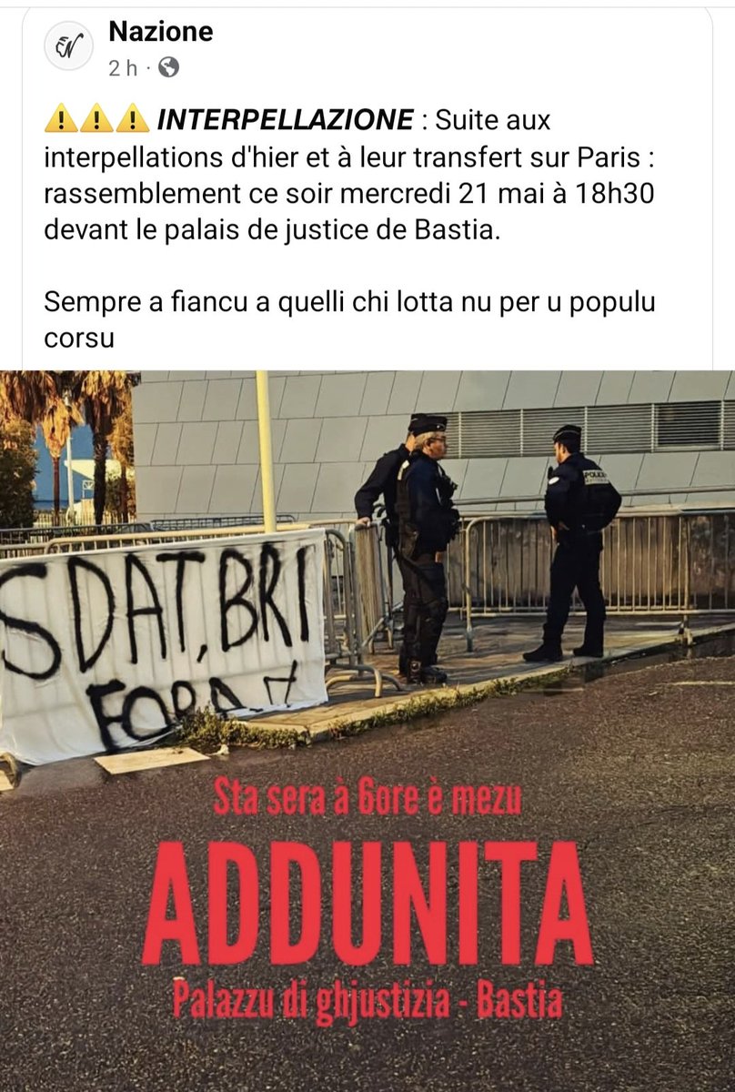 Addunita di sustegnu, sta sera à 6 ore e mezzu, palazzu di ghjustizia di Bastia.
Basta a ripressione ! #Corsica
