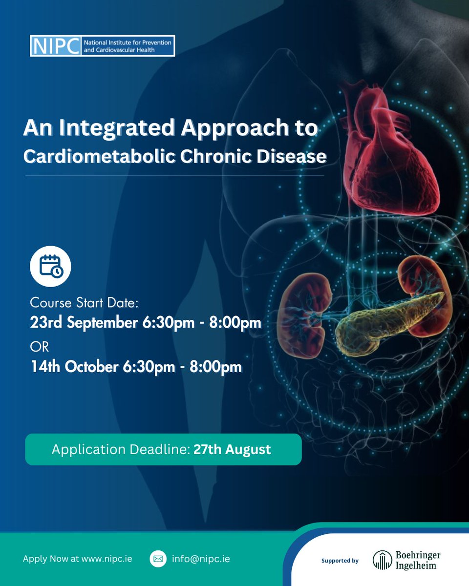 NIPC (@nipcireland) on Twitter photo Join our free online training course on managing #cardiometabolic disease.
Designed by leading experts, led by <a href="/susanconnolly/">Susan E. Connolly</a>, learn how to address chronic disease by using integrated, evidence-based strategies.
Apply now ⬇️
bit.ly/3XPT9wN Join our free online training course on managing #cardiometabolic disease.
Designed by leading experts, led by <a href="/susanconnolly/">Susan E. Connolly</a>, learn how to address chronic disease by using integrated, evidence-based strategies.
Apply now ⬇️
bit.ly/3XPT9wN