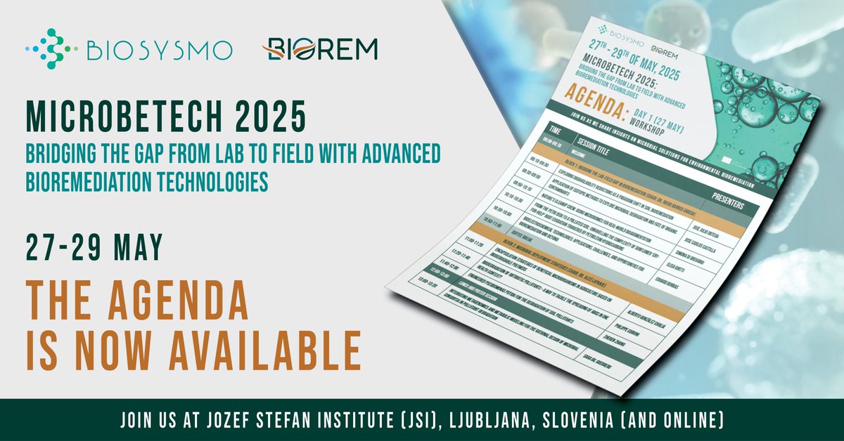 BIOREMproject (@bioremproject) on Twitter photo ๐๏ธ The #MicrobeTech2025 Agenda is here!
We are thrilled to share the final programme for the event taking place from 27โ29 May at the <a href="/JSI_SLO/">Joลพef Stefan Institute</a> in Ljubljana, Slovenia.
๐Check out the agenda and speakers: bioremproject.eu/events/microbeโฆ
Get ready for 3 days full of exciting sessions! ๐๏ธ The #MicrobeTech2025 Agenda is here!
We are thrilled to share the final programme for the event taking place from 27โ29 May at the <a href="/JSI_SLO/">Joลพef Stefan Institute</a> in Ljubljana, Slovenia.
๐Check out the agenda and speakers: bioremproject.eu/events/microbeโฆ
Get ready for 3 days full of exciting sessions!