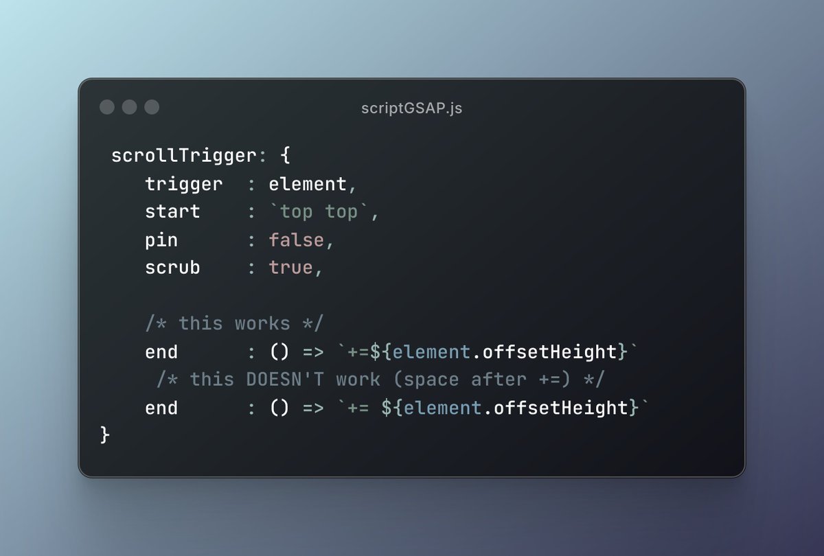I spent 2 hours trying to debug a snippet for #GSAP and eventually found out that a space can unexpectedly break the code.