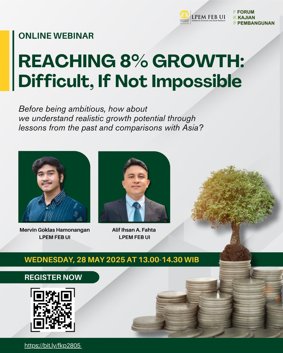 AkunBackupLPEM's tweet photo. Target Presiden Prabowo mencapai pertumbuhan ekonomi 8% per tahun perlu dibahas secara kritis dan berkelanjutan. Bergabunglah melalui tautan berikut: https://t.co/ELB69TprNV

Seminar ini akan meninjau periode pertumbuhan tinggi Indonesia dan membandingkannya dengan pengalaman negara-negara Asia lain.

Pembicara akan menyajikan hasil studi berbasis analisis statistik—deret waktu univariat dan multivariat—untuk menghitung potensi pertumbuhan Indonesia. Temuan ini kemudian diuji terhadap pertumbuhan aktual guna mengukur output gap—selisih antara yang mungkin dicapai dan yang sebenarnya terjadi.

Hasil studi menunjukkan, meski pertumbuhan aktual kadang melebihi potensi, tren jangka panjang masih jauh dari target 8%. Apa langkah yang perlu diambil untuk mencapainya?

#LPEMFEBUI #UniversitasIndonesia #LembagaPenyelidikanEkonomiMasyarakat
#EkonomiIndonesia #forumkajianpembangunan #PertumbuhanEkonomi #WebinarIndonesia #WebinarGratis #SeminarNasional #prabowo #gibran