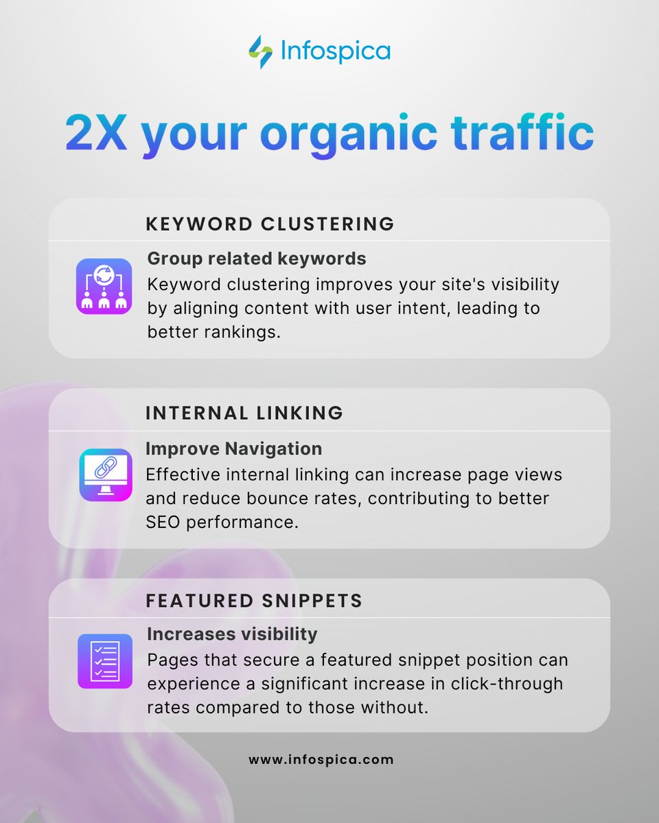 infospica's tweet image. Why settle for low traffic when you can double it?
Infospica’s SEO tactics bring real, visible growth.
Ready to 2X your organic traffic?
Vist→infospica.com/digital-market…
#SEOStrategy #OrganicGrowth #KeywordClustering
#ContentOptimization #DigitalMarketingTips
#Infospica