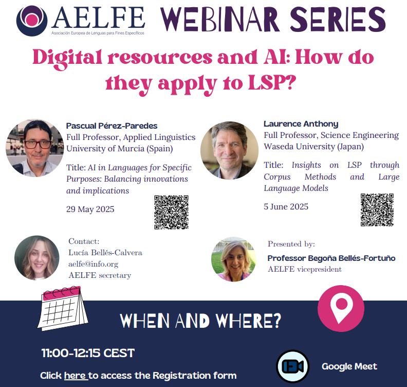 AELFE_org's tweet photo. 📢#AELFE WEBINAR📢
🎯Digital Resources & #AI: How do they apply to #LSP?
✅Open to everyone
🌐29May: @perezparedes ➡️AI in LSP: Balancing innovations & Implications
🌐5Jun: @antlabjp➡️Insights on LSP through Corpus Methods & LLMs
🔗https://t.co/vf5uNccYpr
🔁SHARE https://t.co/MtGLzY4KPg