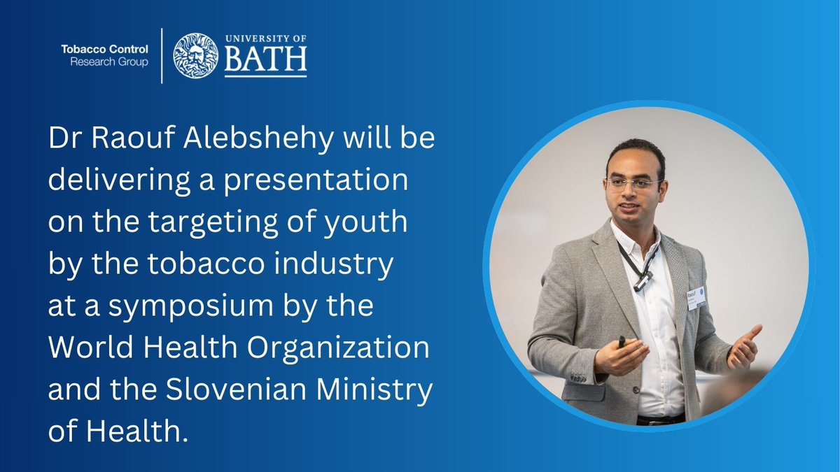 Tobacco Control Research Group (@bathtr) on Twitter photo Next Wednesday <a href="/RaoufAlebshehy/">Raouf Alebshehy</a> will be delivering a presentation on #tobaccoindustry targeting of youth for a World No Tobacco Day symposium organised by <a href="/WHO_Europe/">WHO/Europe</a> and the Slovenian Ministry of Health <a href="/NIJZ_pr/">NIJZ</a>.
Find out more and register: nijz.si/dogodki/svetov…
#WNTD2025 Next Wednesday <a href="/RaoufAlebshehy/">Raouf Alebshehy</a> will be delivering a presentation on #tobaccoindustry targeting of youth for a World No Tobacco Day symposium organised by <a href="/WHO_Europe/">WHO/Europe</a> and the Slovenian Ministry of Health <a href="/NIJZ_pr/">NIJZ</a>.
Find out more and register: nijz.si/dogodki/svetov…
#WNTD2025