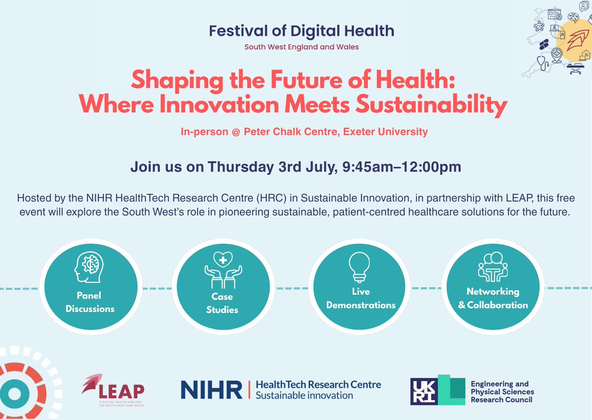 NIHR HRC in Sustainable Innovation (@sustainablehrc) on Twitter photo Join us on 3 July (9:45–12) for Shaping the Future of Health – where innovation meets sustainability.
A showcase of South West #digitalhealth #innovation with:
🔹 Panels
🔹 Live demos
🔹 Real-world case studies
Book now: tickettailor.com/events/leapdig…
#SustainableHealthcare #LEAP2025 Join us on 3 July (9:45–12) for Shaping the Future of Health – where innovation meets sustainability.
A showcase of South West #digitalhealth #innovation with:
🔹 Panels
🔹 Live demos
🔹 Real-world case studies
Book now: tickettailor.com/events/leapdig…
#SustainableHealthcare #LEAP2025