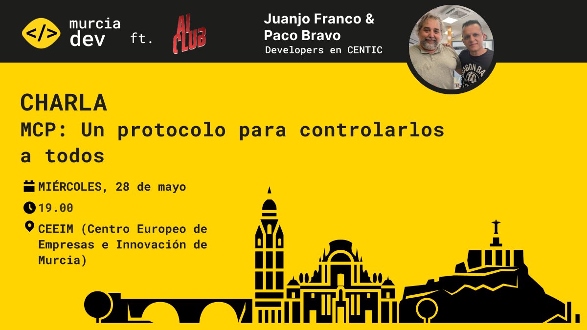 ¡Ey Devs! Acabamos de anunciar una nueva charleta para el MIÉRCOLES 28. 

Paco Bravo y Juanjo Franco de <a href="/CenticTwitt/">CENTIC</a>   nos contarán cositas sobre MCP.

¡Nos vemos el miércoles 28!

meetup.com/murciadev/even…