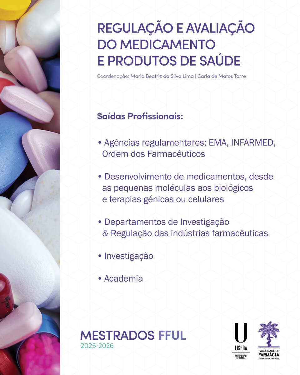facfarmaciaUL's tweet photo. 💊 The regulation of medicines ensures their safety, quality, and efficacy.  The RAMPS Master’s trains the specialists who make that possible — bridging science, law, and public health.  
Applications open: https://t.co/kWbmOIO63f

#Regulação #Mestrado #FFUL https://t.co/iQtVq82pEF