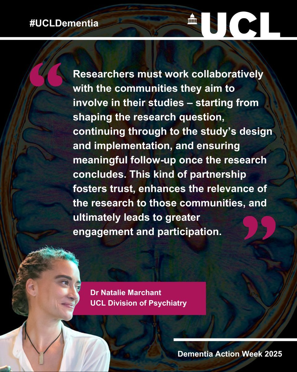 UCL Brain Sciences (@uclbrainscience) on Twitter photo How can we address the underrepresentation of minoritised ethnic groups in dementia research?
We spoke to Dr Natalie Marchant (<a href="/UCLPsychiatry/">UCL Psychiatry</a>) about making research practices and recruitment more inclusive.
buff.ly/wnrkkJI
#DementiaActionWeek #UCLDementia How can we address the underrepresentation of minoritised ethnic groups in dementia research?
We spoke to Dr Natalie Marchant (<a href="/UCLPsychiatry/">UCL Psychiatry</a>) about making research practices and recruitment more inclusive.
buff.ly/wnrkkJI
#DementiaActionWeek #UCLDementia