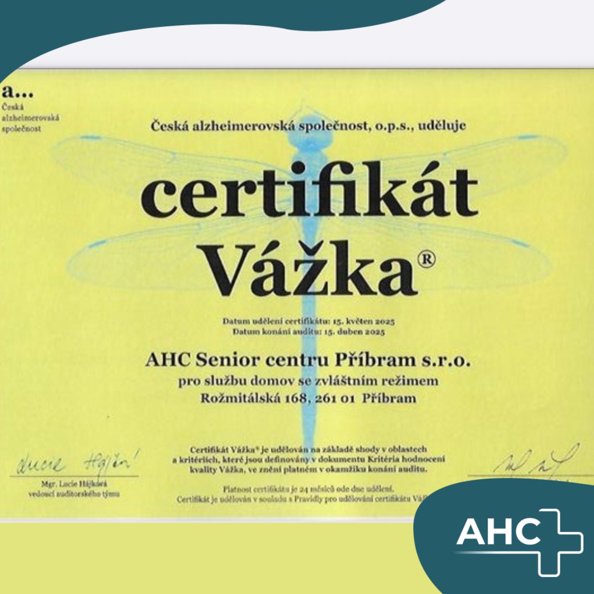 AHC Senior centrum Příbram má opět certifikát kvality Vážka® za kvalitní služby pro lidi s demencí. Co především komise České alzheimerovské společnosti hodnotila na 100%?
➡️ Péči o klienty
➡️ Spolupráci s rodinou
➡️ Zdravotní péči, tu zajišťuje naše sestricka.cz