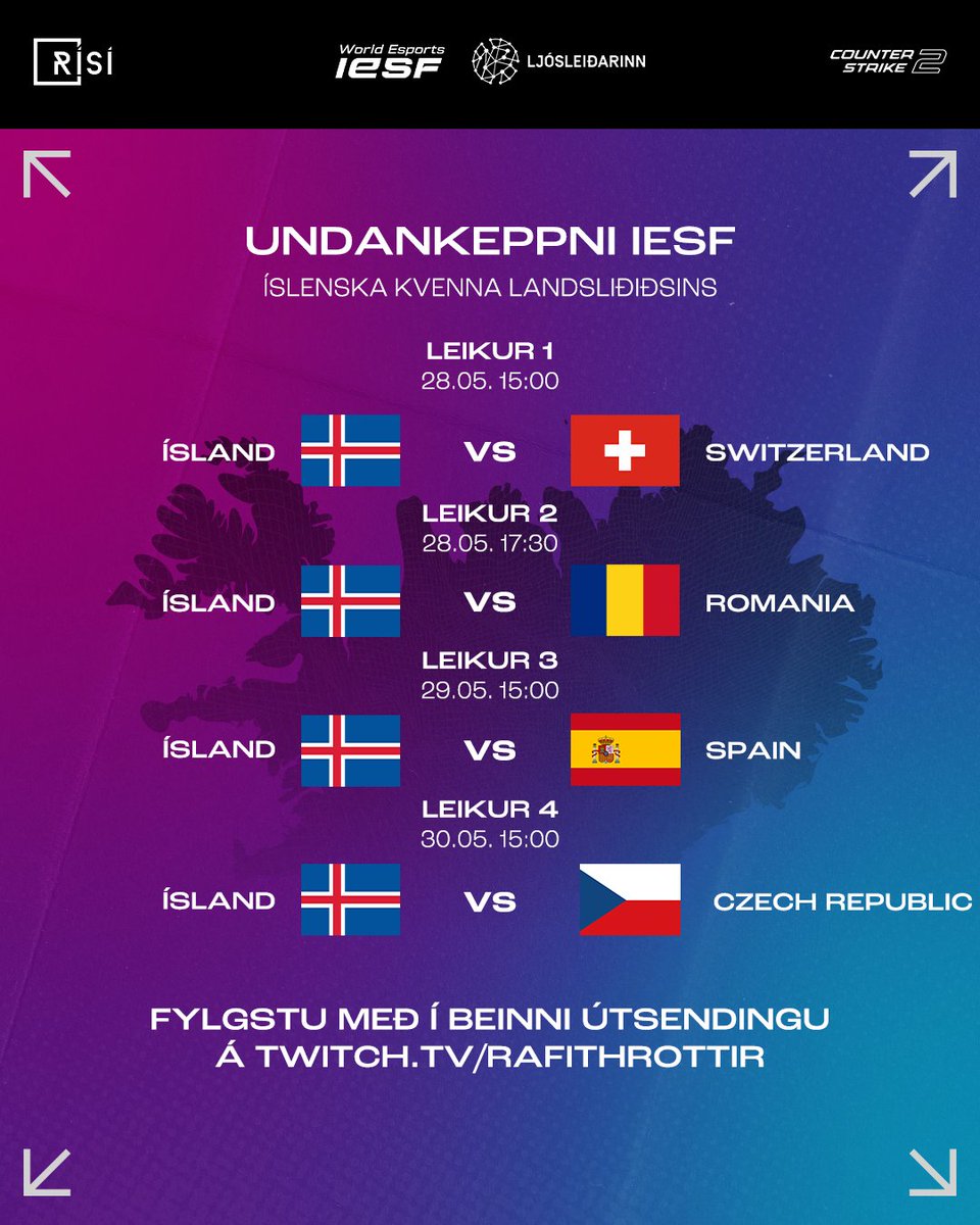 Undankeppni IESF í Counter-Strike er hafin!

Hér fyrir neðan má sjá dagskrá Íslenska kvennalandsliðið.

Leikirnir verða sýndir á rafithrottir.is/risi-tv

Áfram Ísland! 💪🎮🇮🇸

#Rafíþróttir #WorldEsports #IESF #Ljósleiðarinn 
<a href="/iesf_official/">IESF</a>