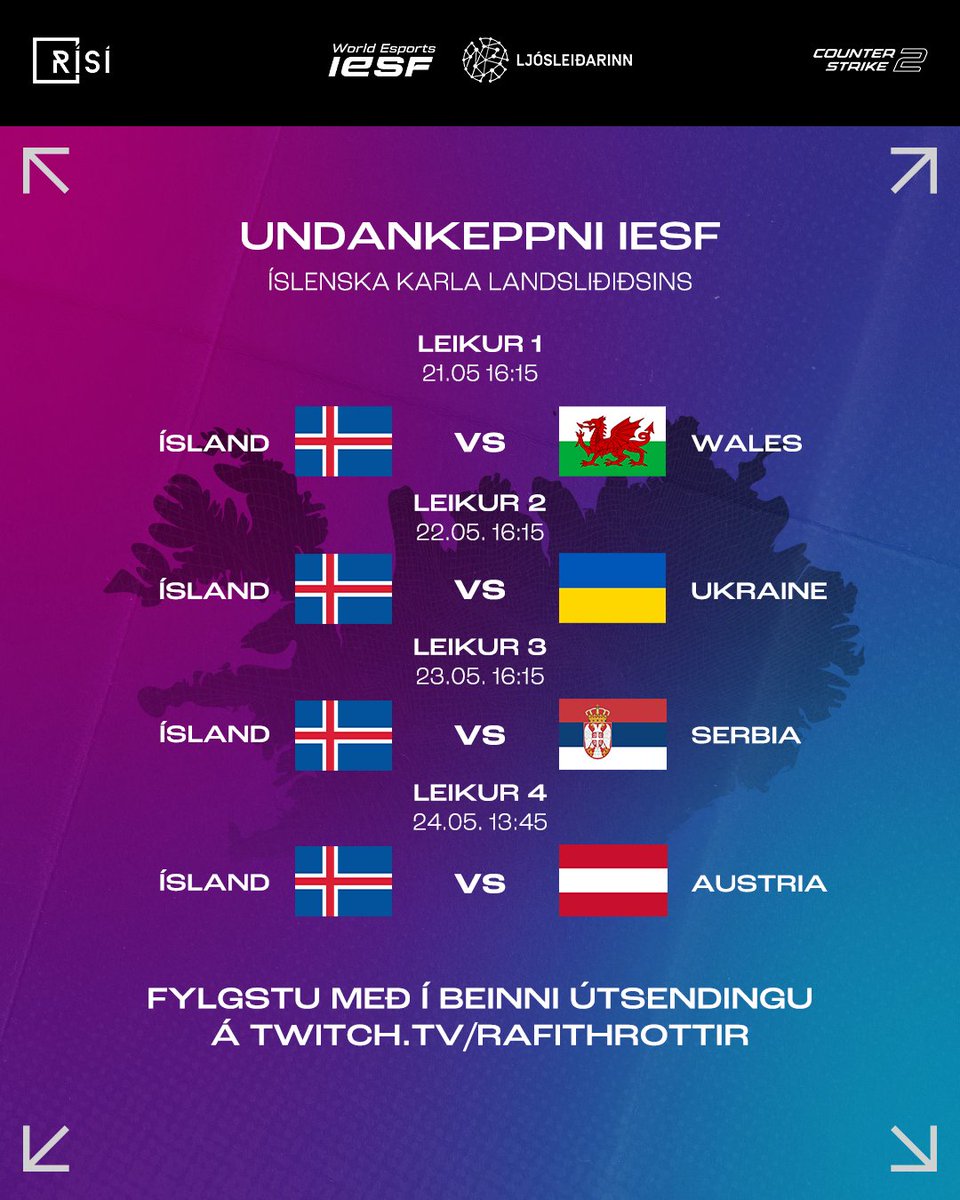 Undankeppni IESF í Counter-Strike er hafin!

Hér fyrir neðan má sjá dagskrá Íslenska karlalandsliðið.

Leikirnir verða sýndir á rafithrottir.is/risi-tv

Áfram Ísland! 💪🎮🇮🇸

#Rafíþróttir #WorldEsports #IESF #Ljósleiðarinn 
<a href="/iesf_official/">IESF</a>