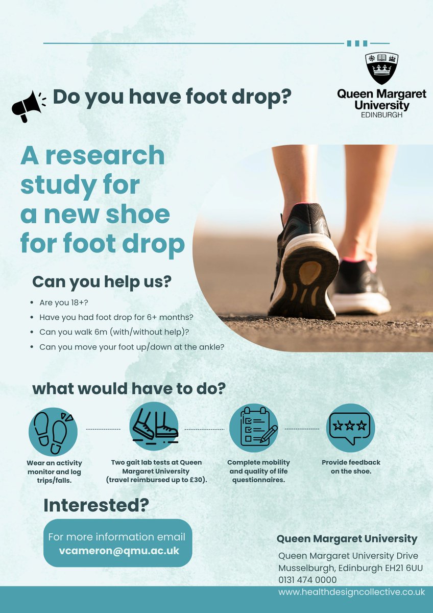Compass Therapy Centre (@compasstsc) on Twitter photo 🦶 Do you have Foot Drop?
Queen Margaret University are conducting a research study and looking for participants!
email vcameron@qmu.ac.uk to enquire! 🦶 Do you have Foot Drop?
Queen Margaret University are conducting a research study and looking for participants!
email vcameron@qmu.ac.uk to enquire!