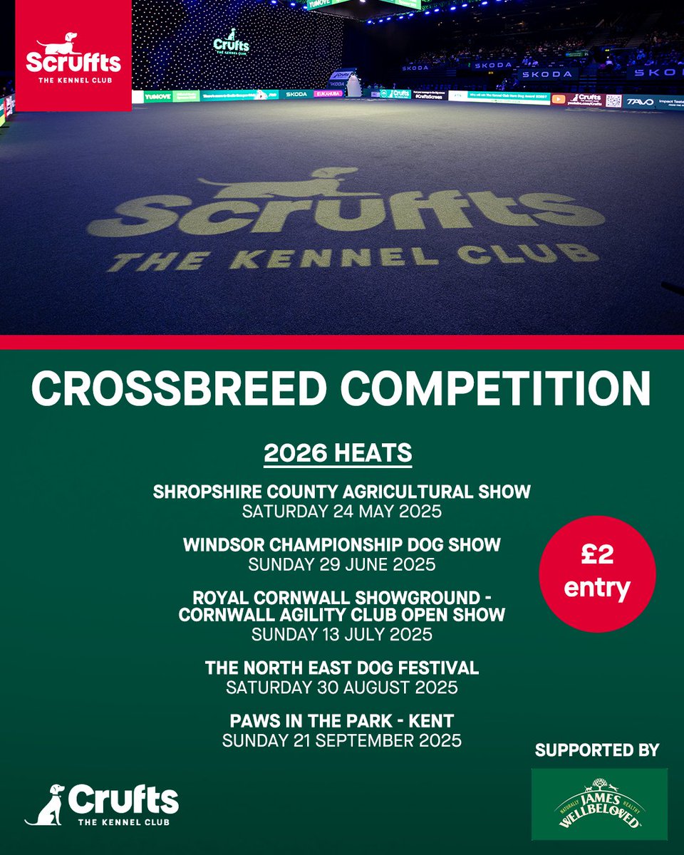 #Scruffts is back and looking for the nation's top #crossbreeds!
Could your dog make it to the Crufts final in 2026?

For more information on how to enter and where this year’s heats will take place, please visit crufts.org.uk/whats-on/scruf…