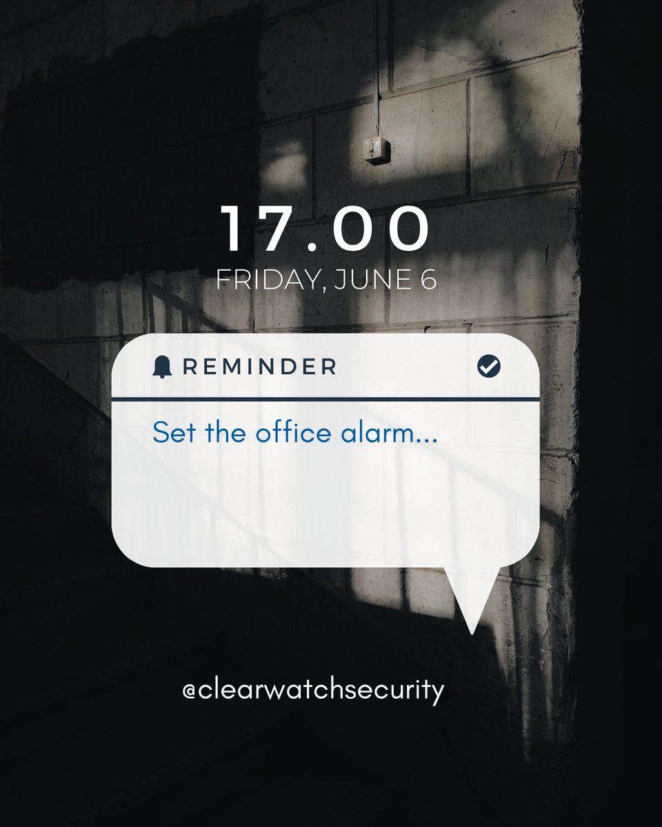 Clear Watch Security (@clearwatch) on Twitter photo Ever set a reminder… just to remember to set the office alarm?
Or driven halfway home to double-check?
There’s a better way.
<a href="/ClearWatch/">Clear Watch Security</a> handles lockups, alarm setting & response, mobile patrols - from just ÂŁ1/day.
Let us be your backup.
#Security #Keyholding #oldham Ever set a reminder… just to remember to set the office alarm?
Or driven halfway home to double-check?
There’s a better way.
<a href="/ClearWatch/">Clear Watch Security</a> handles lockups, alarm setting & response, mobile patrols - from just ÂŁ1/day.
Let us be your backup.
#Security #Keyholding #oldham