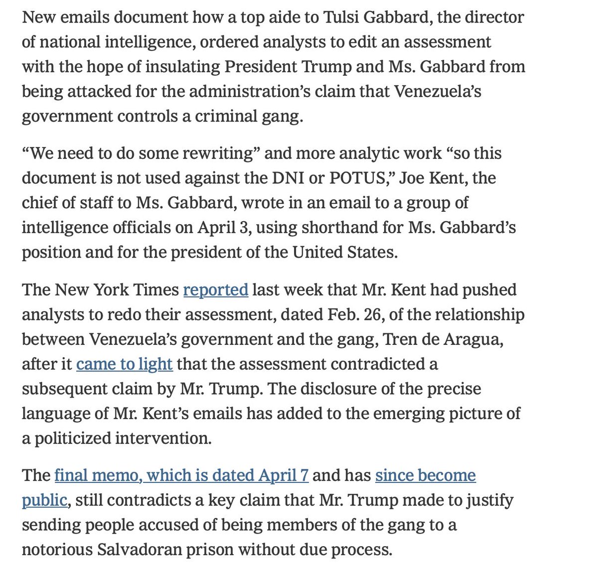 RichardHanania's tweet image. Joe Kent, a Trump appointee, told an intelligence analyst "we need to do some rewriting so this document is not used against the DNI or POTUS,” of a report on why Tren de Aragua was not controlled by the Venezuelans government. They needed that lie in order to justify sending…