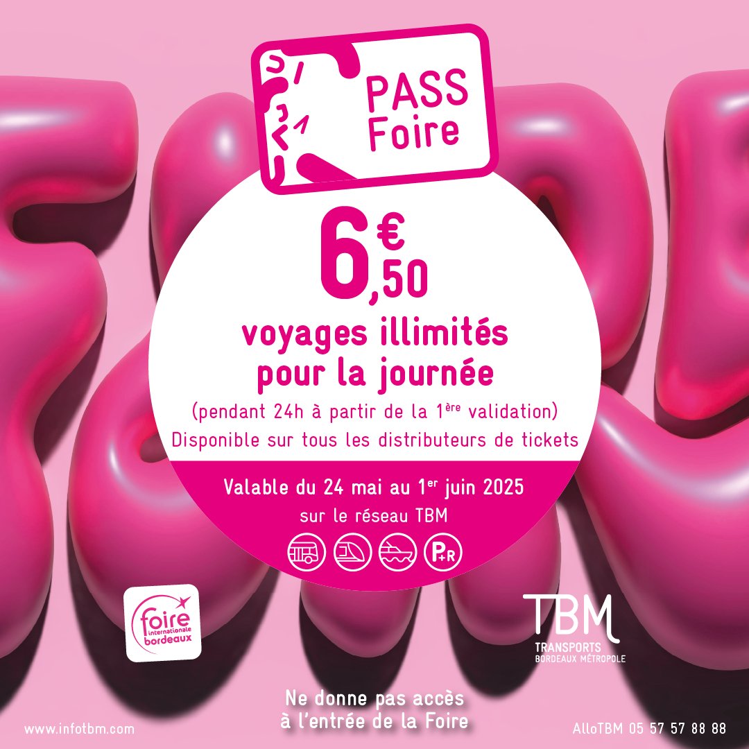 TBM - Transports Bordeaux Métropole (@info_tbm) on Twitter photo Du 24 mai au 1er juin, RDV à la <a href="/Foirebordeaux/">Foire de Bordeaux</a> !
Déplacez-vous en illimité toute la journée avec le pass foire ! 🙌
Tram, bus, Bato et accès au parc-relais pour 6,50€. ❤️ Du 24 mai au 1er juin, RDV à la <a href="/Foirebordeaux/">Foire de Bordeaux</a> !
Déplacez-vous en illimité toute la journée avec le pass foire ! 🙌
Tram, bus, Bato et accès au parc-relais pour 6,50€. ❤️
