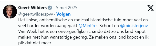 Wilders gaat steeds verder. Dat hij anti-islam is, is allang bekend. Maar nu noemt hij linkse mensen ook 'tuig'. En daarmee zet hij wederom een groep die geen vlieg kwaad doet, alleen om hun andere mening, weg. 
Het wanstaltige gedrag komt niet van links, maar van Wilders zelf.