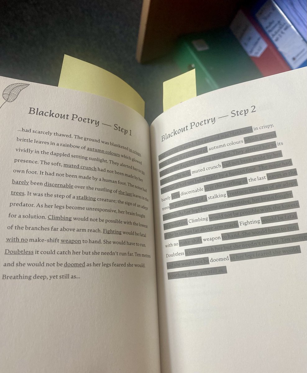 A firm favourite in Year 6 English: blackout poetry! There’s a step by step guide in <a href="/tortoise1hare2/">Julie Hare</a>’s new book! What a genius idea 🤩. Can’t wait to perform one of these poems at the Cheetham summer poetry performance! Which one will it be 👀