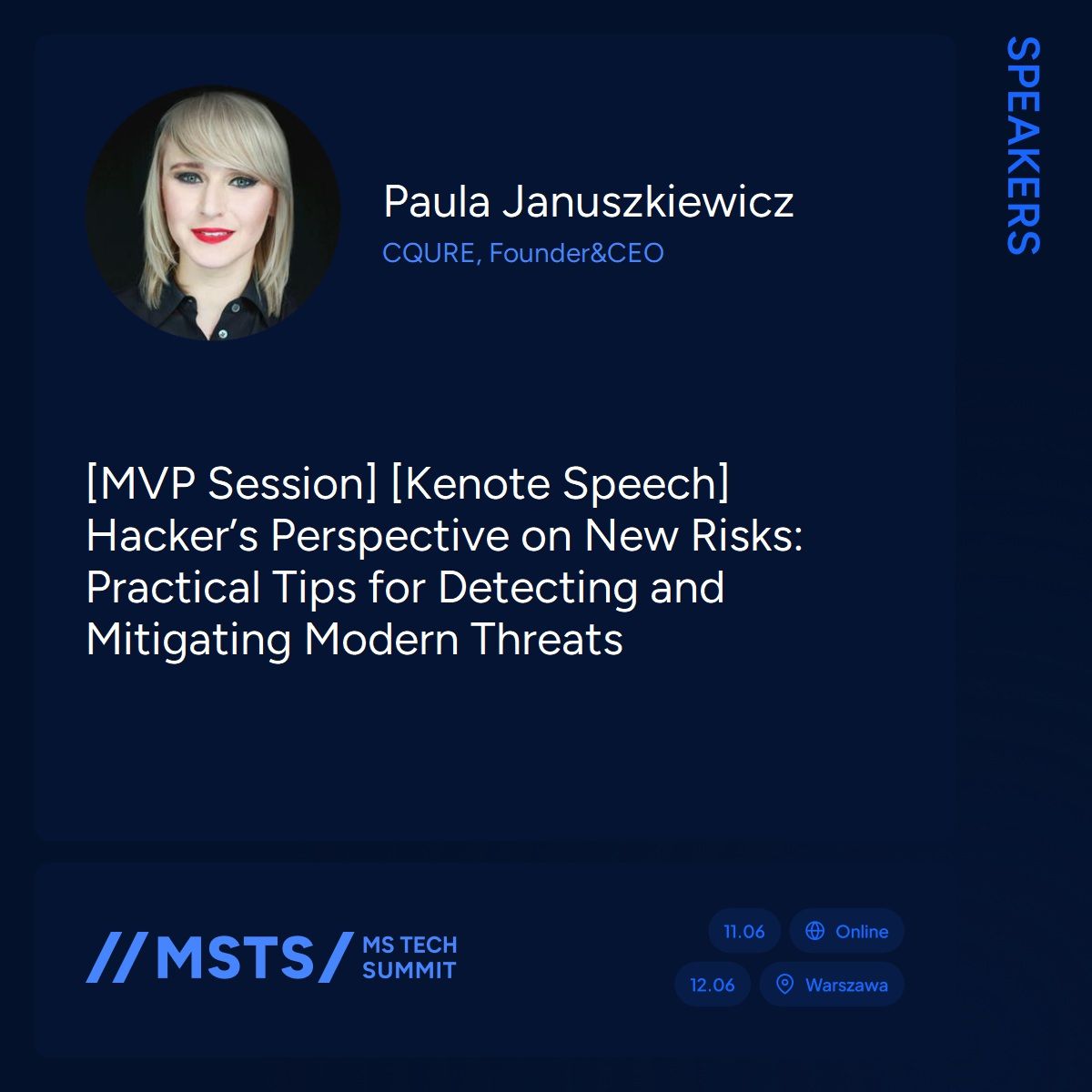 PaulaCqure's tweet image. Warsaw, let’s catch up at the #MStechsummit2025 on June 12th!

I’ll be delivering a keynote on “Hacker’s Perspective on New Risks: Practical Tips for Detecting and Mitigating Modern Threats” 🔑

Get your ticket here: mstechsummit.pl/registration.h…

#MStechsummit #cybersecurityevent