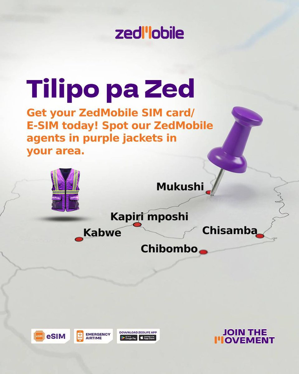 Alola ba  Central Province! Epo tuli!
We’re here  and you can’t miss us!
Spot the purple jackets and get your ZedMobile SIM or E-SIM today.
From Kapiri,Mukushi,Chisamba,Kabwe and Chibombo… we’ve got you covered!
Be part of the vibe JOIN THE MOVEMENT!
#ZedMobile #JoinTheMovement