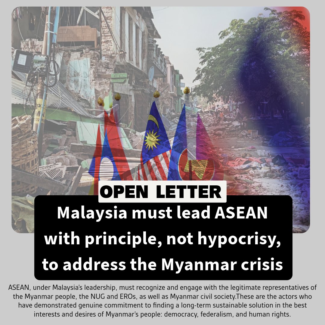 We—the undersigned 285 Myanmar, regional, and international civil society organizations—write to you at the most critical juncture for Myanmar and for the credibility and efficacy of the ASEAN in the region.

More &gt; tinyurl.com/4bxjv44m
#Myanmar #athan #ASEAN