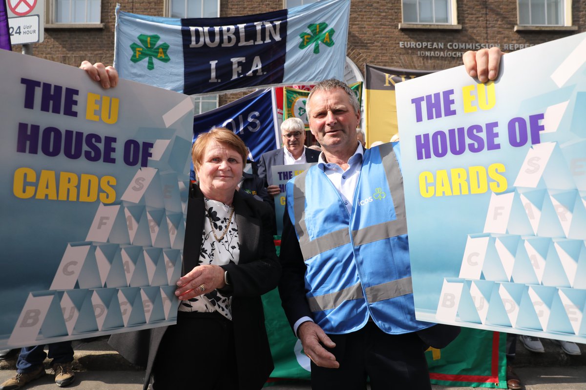 IFAmedia's tweet photo. IFA and ICOS staged a ‘flash action’ at the EU Commission offices in Dublin yesterday to warn the EU Commission against stripping away the CAP budget in favour of a single fund approach to the EU budget under the Multiannual Financial Framework. #EUHouseOfCards #BackFarming #CAP https://t.co/O2589UfRGz