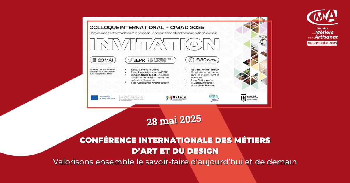 📣J-7 avant la Conférence Internationale des Métiers d’Art et du Design à Lyon !
RDV le 28/05 avec SEPR, Université Jean-Monnet St-Etienne, CMA &amp; pros du secteur.
Au programme : tables rondes, réseautage, visite d’ateliers &amp; session poster !
Inscription👉swll.to/4vqqSsg