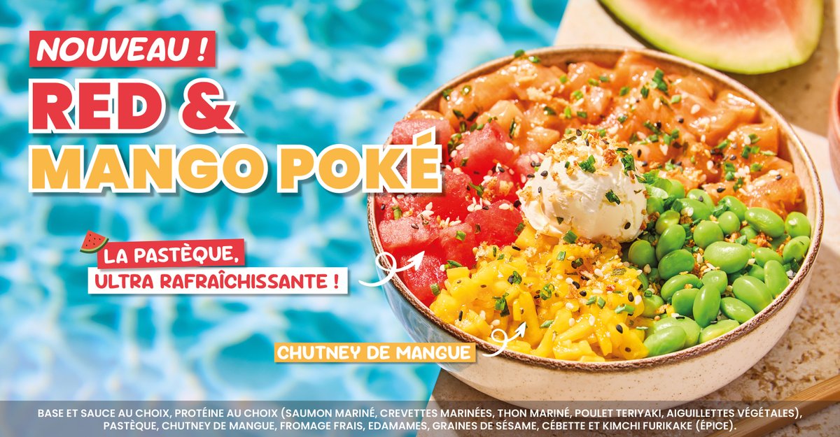 C’EST LE JOUR-J !! 🍉🥭​
​
On te présente notre nouvelle recette star de cet été : le Red &amp; Mango Poké avec sa pastèque 🍉 et son chutney de mangue 🥭🤩​
Disponible au saumon, à la crevette, au poulet teriyaki et aux aiguillettes végétales <a href="/HappyVore_fr/">HappyVore</a>  🤩​
​
Retrouve aussi le