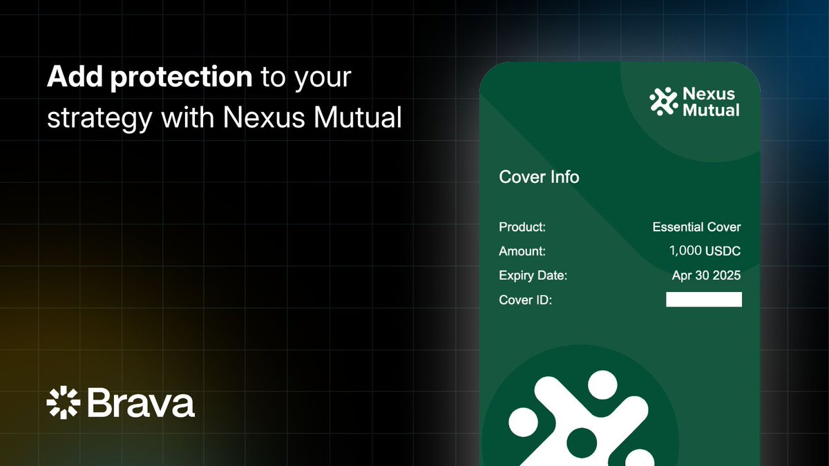 Brava (@bravaxyz) on Twitter photo Add protection to your strategy with <a href="/NexusMutual/">Nexus Mutual</a>.
Brava offers optional smart contract cover that's seamless, transparent, and purpose-built for DeFi yields. Add protection to your strategy with <a href="/NexusMutual/">Nexus Mutual</a>.
Brava offers optional smart contract cover that's seamless, transparent, and purpose-built for DeFi yields.