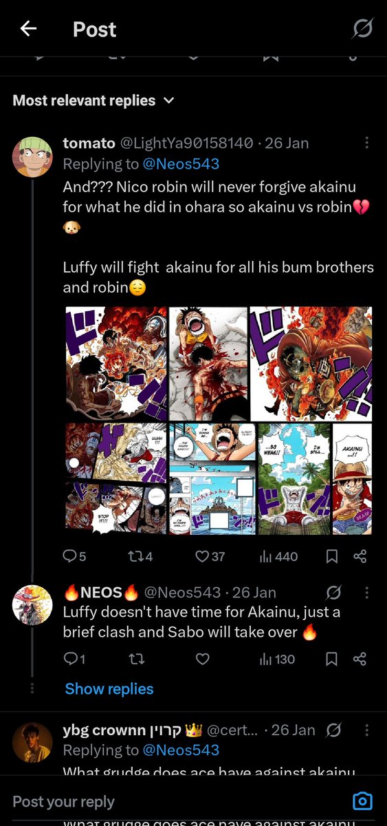 Based_Duck's tweet image. "Luffy will just have a brief clash with Akainu"

"Luffy vs Akainu will be higher than mid diff"

"Akainu will fight both sabo and Luffy "

Troll. Atleast stick to one headcanon.