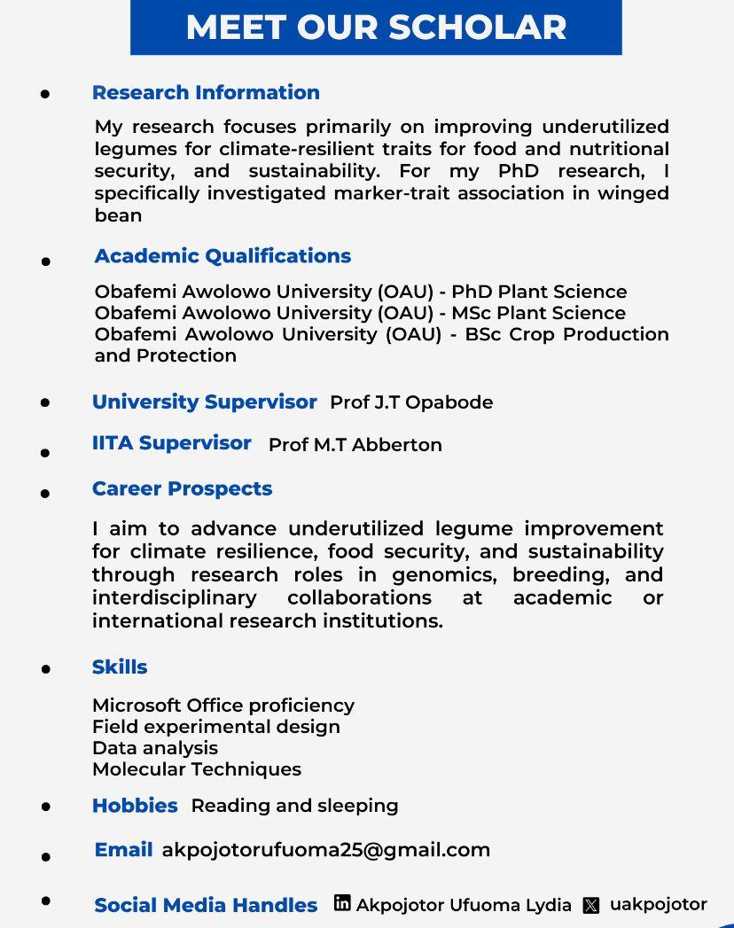 iarsaf_iita's tweet image. Scholar of the Week | IARSAF
Dr. Akpojotor Ufuoma Lydia (@IITA_CGIAR, OAU) is advancing climate-resilient legume research  for food &amp;amp; nutrition security.
#ScholarSpotlight #IARSAF #LegumeResearch #FoodSecurity #WomenInSTEM #AgInnovation
🔁 Retweet | ❤️ Like | 🔔 Follow for more!