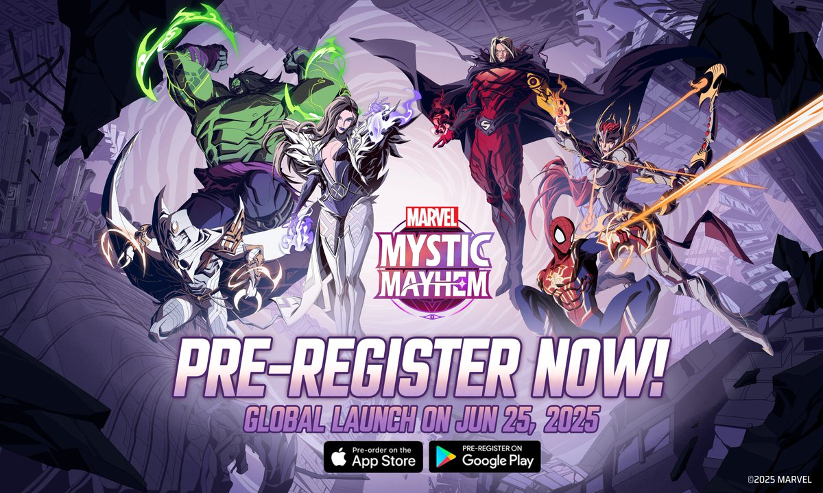 💥 Breaking News 📢
Global Launch on June 25(PDT)! Pre-registration for MARVEL Mystic Mayhem is now open on the App Store and Google Play❗️

Pre-register NOW: g.126.fm/02F9ESO

🎉 CELEBRATE WITH US! 
Follow @MarvelMysticMayhem and retweet this post  
➡ 5 players will