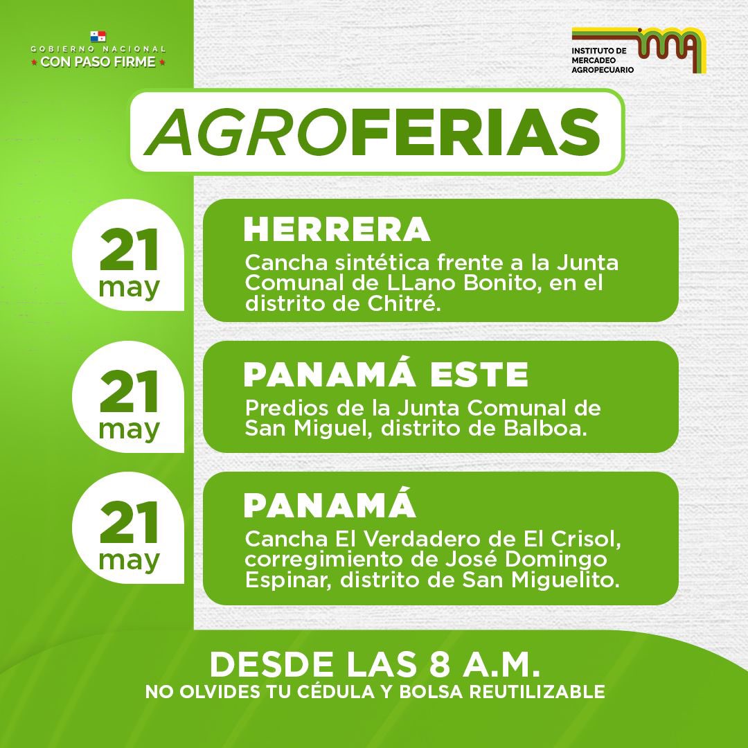 JuanCOrillac's tweet photo. Agroferias que tendrá este miércoles 21 de mayo el @IMA_Pma para llevar comida barata a los panameños en Panamá, Panamá Oeste, Panamá Oeste, Herrera, Los Santos, Veraguas y en Chiriquí. 
#ConPasoFirme https://t.co/vVH4rNiMuE