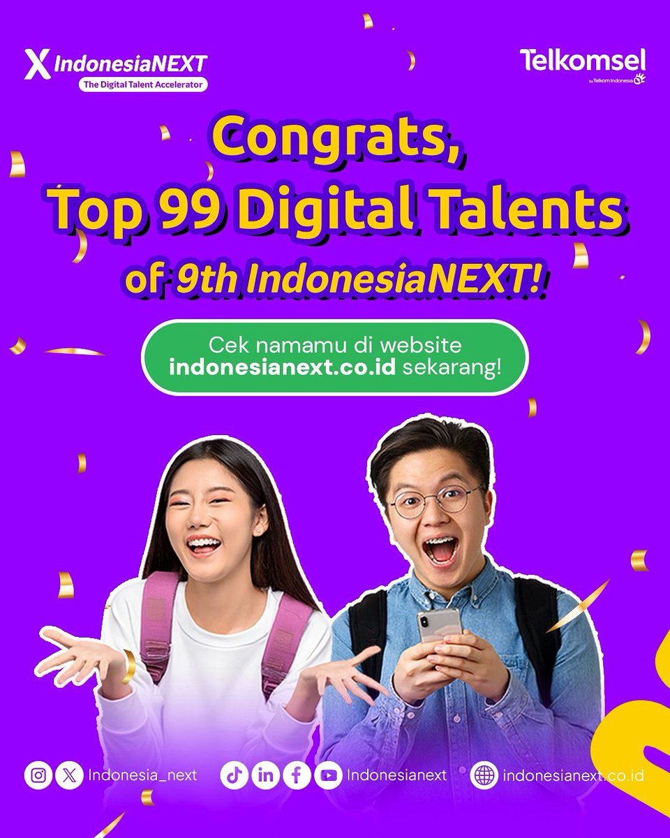THE TOP 99 ANNOUNCEMENT IS OUT, NEXT PEOPLE! 🔥

Congrats buat para digital talents, yang berhasil masuk Top 99 di 9th IndonesiaNEXT! 🎉

Tahap selanjutnya udah di depan mata, and it’s gonna boost your growth! So, jangan kasih kendor, tetap semangat yaa NEXT People 🙌

Yuk,
