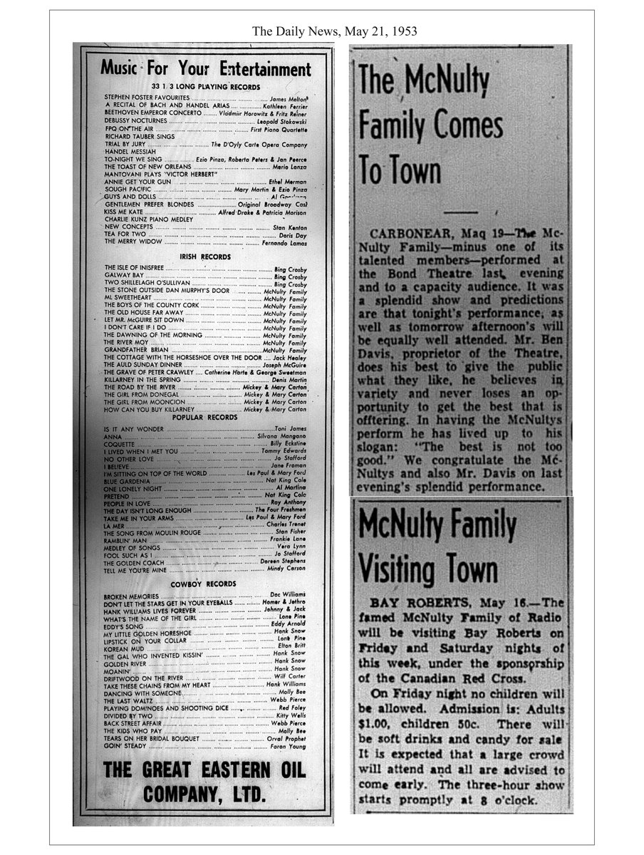 NewFound Records (@newfoundrecords) on Twitter photo Today (May 21) in #NLMusicHistory...
In 1953 THE MCNULTY FAMILY took eastern Newfoundland by storm. After a string of sold-out concerts in St. John's, they were off to Bay Roberts and Carbonear to perform there.
<a href="/bonniejames72/">Bonnie James🍀🫐</a> <a href="/TownofCarbonear/">Town of Carbonear</a> <a href="/BRHeritageInc/">Bay Roberts Heritage Society</a> <a href="/townofhrgrace/">Town of Harbour Grace</a> Today (May 21) in #NLMusicHistory...
In 1953 THE MCNULTY FAMILY took eastern Newfoundland by storm. After a string of sold-out concerts in St. John's, they were off to Bay Roberts and Carbonear to perform there.
<a href="/bonniejames72/">Bonnie James🍀🫐</a> <a href="/TownofCarbonear/">Town of Carbonear</a> <a href="/BRHeritageInc/">Bay Roberts Heritage Society</a> <a href="/townofhrgrace/">Town of Harbour Grace</a>